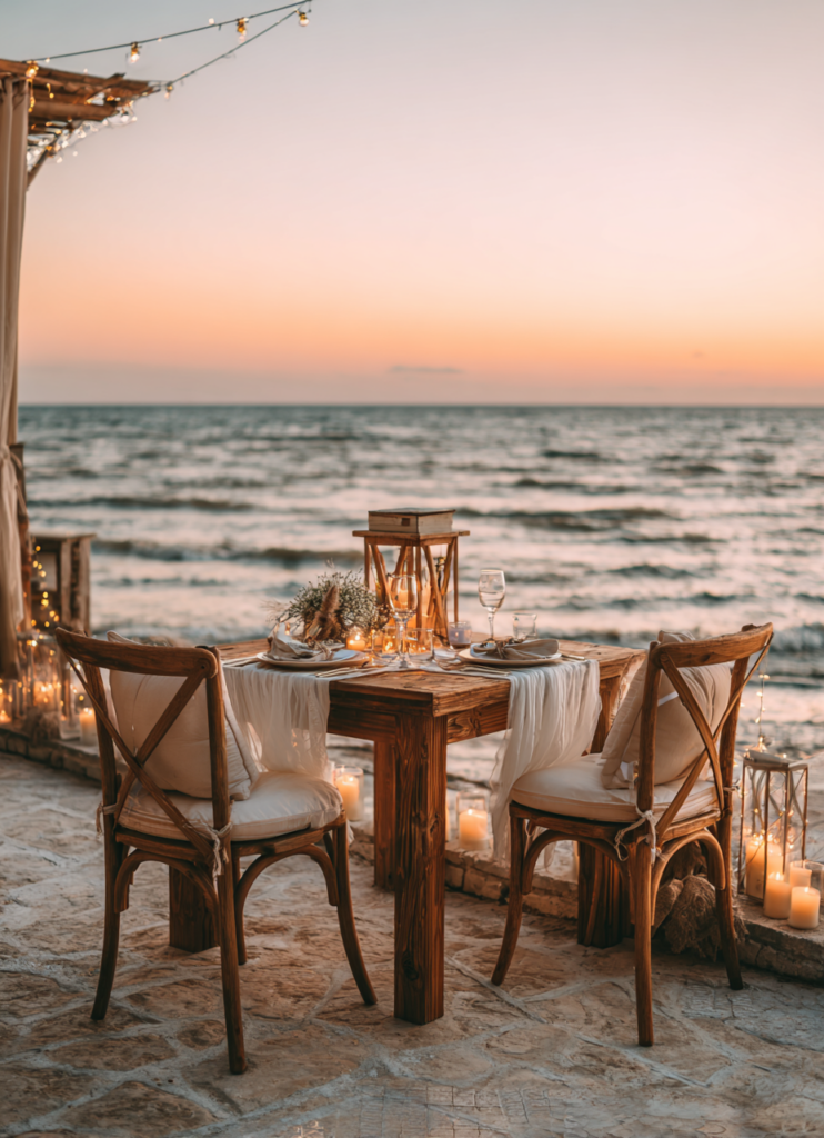 a beachfront dining setup with wooden chairs for private dining