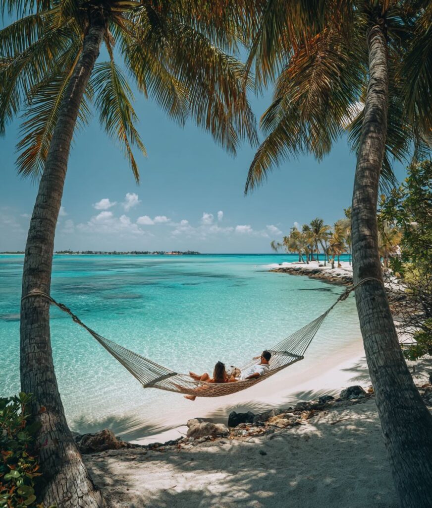 a couple lounging in a hammock on the beach